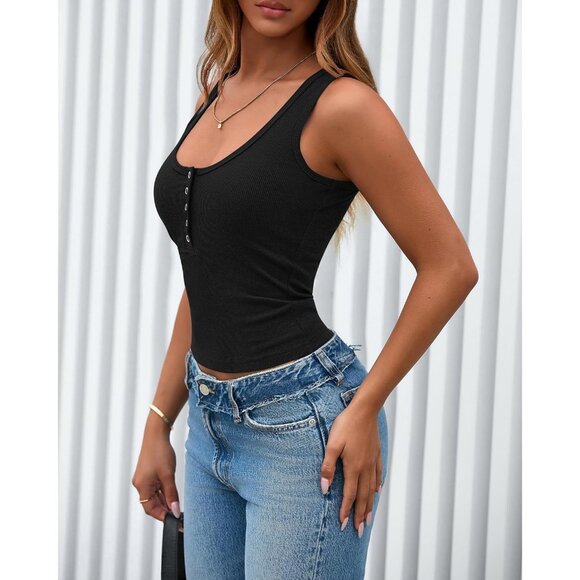 Women's Ribbed Tank Top Summer Sleeveless Crew Neck Button Down Slim Fit Casual - Picture 4 of 8